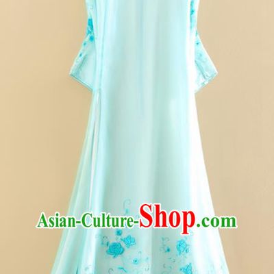 Chinese Traditional Tang Suit Embroidered Roses Blue Cheongsam National Costume Qipao Dress for Women