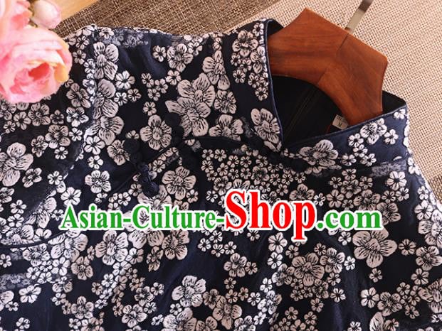 Chinese Traditional Tang Suit Printing Navy Cheongsam National Costume Qipao Dress for Women Chinese Traditional Tang Suit Printing Navy Cheongsam National Costume Qipao Dress for Women