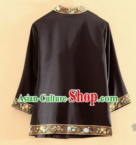 Chinese Traditional Tang Suit Embroidered Birds Black Blouse National Costume Qipao Upper Outer Garment for Women