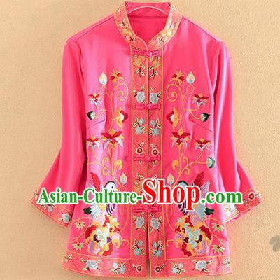 Chinese Traditional Tang Suit Embroidered Birds Rosy Blouse National Costume Qipao Upper Outer Garment for Women