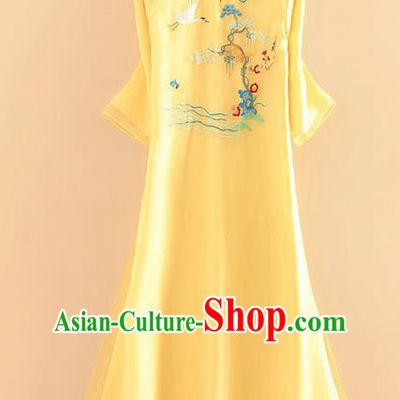 Chinese Traditional Tang Suit Embroidered Crane Pine Plum Yellow Cheongsam National Costume Qipao Dress for Women