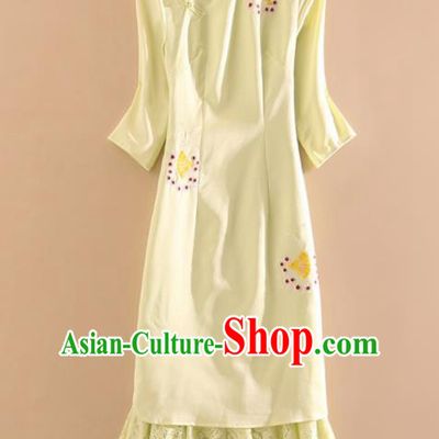 Chinese Traditional Tang Suit Embroidered Yellow Lace Cheongsam National Costume Qipao Dress for Women