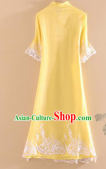 Chinese Traditional Tang Suit Embroidered Yellow Cheongsam National Costume Qipao Dress for Women