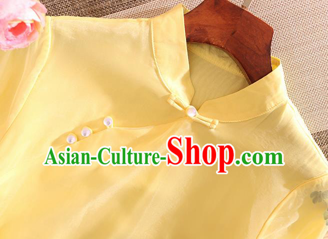 Chinese Traditional Tang Suit Embroidered Yellow Cheongsam National Costume Qipao Dress for Women