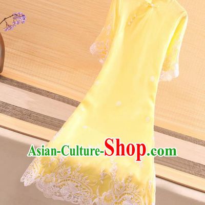 Chinese Traditional Tang Suit Embroidered Yellow Cheongsam National Costume Qipao Dress for Women