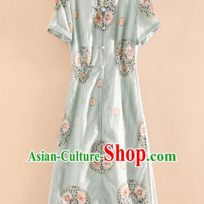 Chinese Traditional Tang Suit Embroidered Light Green Silk Cheongsam National Costume Qipao Dress for Women
