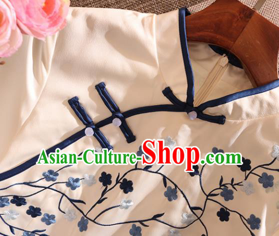 Chinese Traditional Tang Suit Embroidered Plum Beige Cheongsam National Costume Qipao Dress for Women
