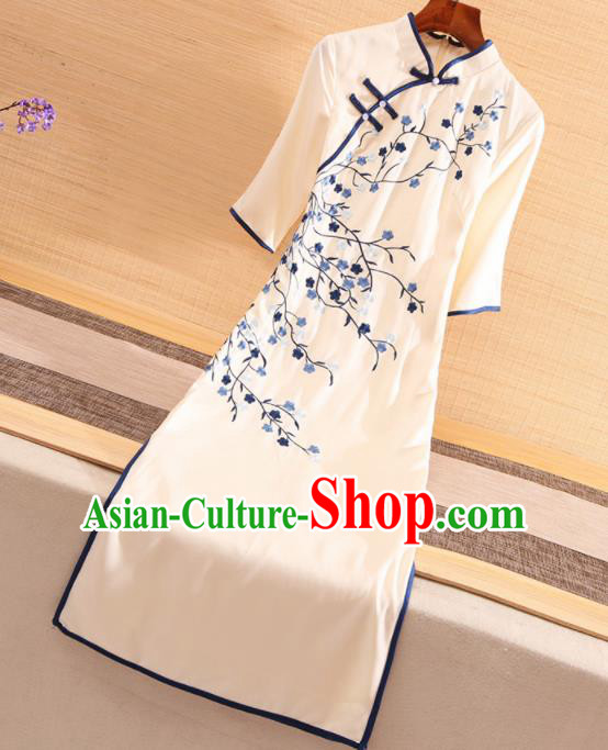 Chinese Traditional Tang Suit Embroidered Plum Beige Cheongsam National Costume Qipao Dress for Women