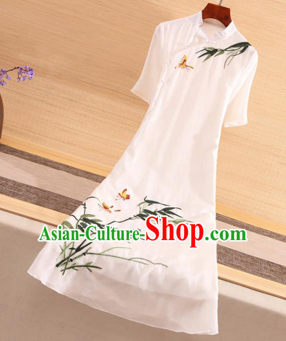 Chinese Traditional Tang Suit Embroidered Bamboo White Cheongsam National Costume Qipao Dress for Women Chinese Traditional Tang Suit Embroidered Bamboo White Cheongsam National Costume Qipao Dress for Women