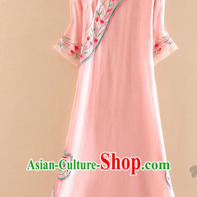 Chinese Traditional Tang Suit Embroidered Flowers Pink Cheongsam National Costume Qipao Dress for Women