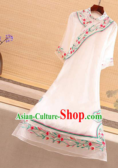 Chinese Traditional Tang Suit Embroidered Flowers White Cheongsam National Costume Qipao Dress for Women