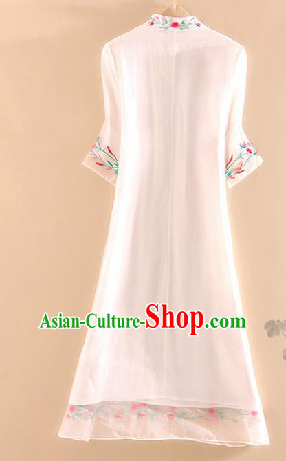 Chinese Traditional Tang Suit Embroidered Flowers White Cheongsam National Costume Qipao Dress for Women