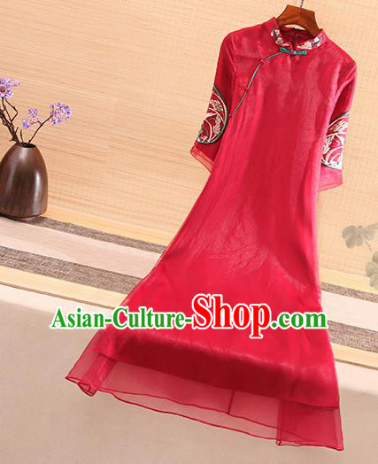 Chinese Traditional Tang Suit Embroidered Red Organza Cheongsam National Costume Qipao Dress for Women Chinese Traditional Tang Suit Embroidered Red Organza Cheongsam National Costume Qipao Dress for Women