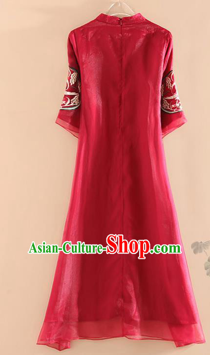 Chinese Traditional Tang Suit Embroidered Red Organza Cheongsam National Costume Qipao Dress for Women Chinese Traditional Tang Suit Embroidered Red Organza Cheongsam National Costume Qipao Dress for Women