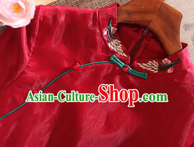 Chinese Traditional Tang Suit Embroidered Red Organza Cheongsam National Costume Qipao Dress for Women Chinese Traditional Tang Suit Embroidered Red Organza Cheongsam National Costume Qipao Dress for Women