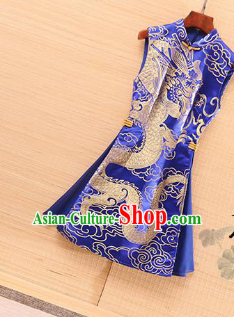 Chinese Traditional Tang Suit Royalblue Brocade Cheongsam National Costume Qipao Dress for Women Chinese Traditional Tang Suit Royalblue Brocade Cheongsam National Costume Qipao Dress for Women