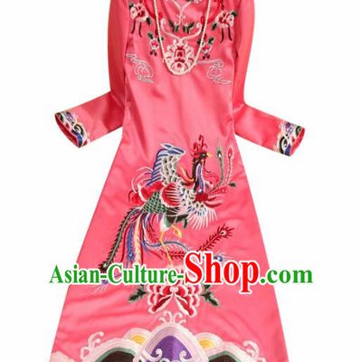 Traditional Chinese National Embroidered Phoenix Pink Qipao Dress Tang Suit Cheongsam Costume for Women