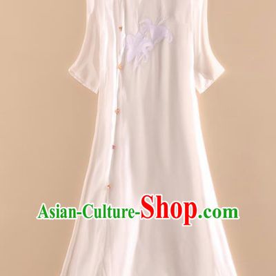Chinese Traditional Tang Suit Embroidered Lily Flowers White Organza Cheongsam National Costume Qipao Dress for Women