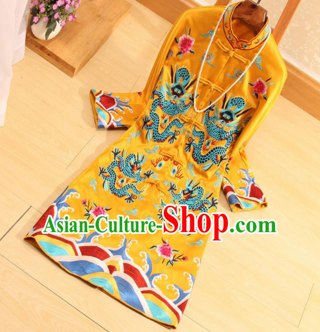 Chinese Traditional Tang Suit Embroidered Dragons Golden Coat National Costume Qipao Upper Outer Garment for Women Chinese Traditional Tang Suit Embroidered Dragons Golden Coat National Costume Qipao Upper Outer Garment for Women