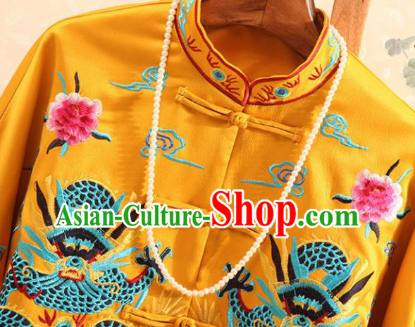 Chinese Traditional Tang Suit Embroidered Dragons Golden Coat National Costume Qipao Upper Outer Garment for Women Chinese Traditional Tang Suit Embroidered Dragons Golden Coat National Costume Qipao Upper Outer Garment for Women