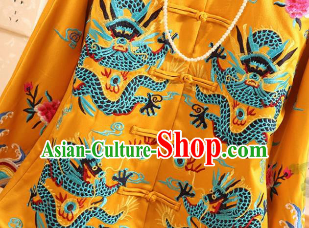 Chinese Traditional Tang Suit Embroidered Dragons Golden Coat National Costume Qipao Upper Outer Garment for Women Chinese Traditional Tang Suit Embroidered Dragons Golden Coat National Costume Qipao Upper Outer Garment for Women