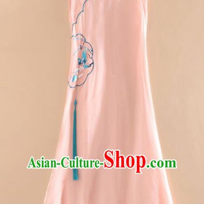 Chinese Traditional Tang Suit Embroidered Butterfly Plum Pink Cheongsam National Costume Qipao Dress for Women