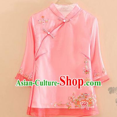 Chinese Traditional Tang Suit Embroidered Peach Pink Organza Blouse National Costume Qipao Upper Outer Garment for Women