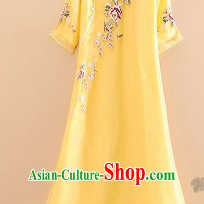 Traditional Chinese National Embroidered Peony Yellow Qipao Dress Tang Suit Cheongsam Costume for Women