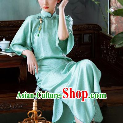 Traditional Chinese National Green Silk Qipao Dress Tang Suit Cheongsam Costume for Women