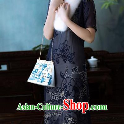 Traditional Chinese National Blue Velvet Qipao Dress Tang Suit Cheongsam Costume for Women
