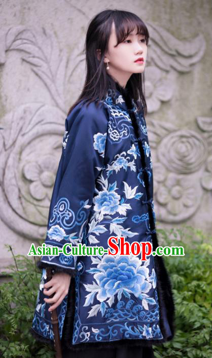 Chinese Traditional Tang Suit Royalblue Cotton Wadded Jacket National Costume Republic of China Qipao Upper Outer Garment for Women