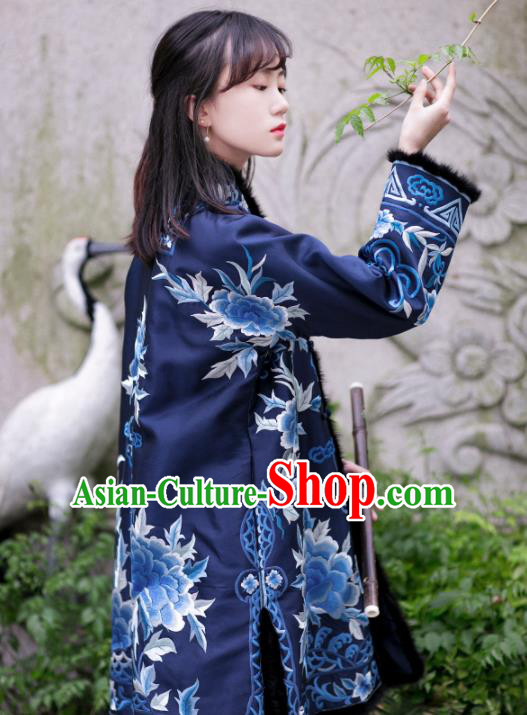 Chinese Traditional Tang Suit Royalblue Cotton Wadded Jacket National Costume Republic of China Qipao Upper Outer Garment for Women