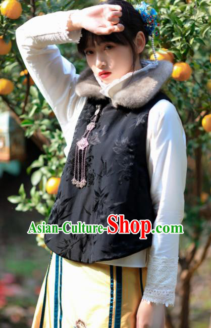 Chinese Traditional Black Brocade Cotton Wadded Vest National Costume Tang Suit Waistcoat for Women Chinese Traditional Black Brocade Cotton Wadded Vest National Costume Tang Suit Waistcoat for Women