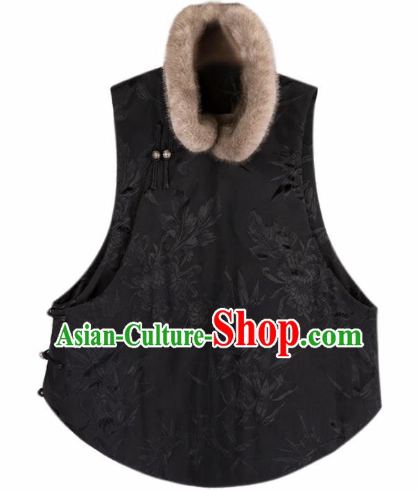 Chinese Traditional Black Brocade Cotton Wadded Vest National Costume Tang Suit Waistcoat for Women Chinese Traditional Black Brocade Cotton Wadded Vest National Costume Tang Suit Waistcoat for Women