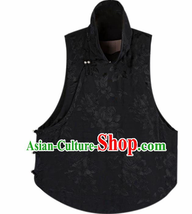 Chinese Traditional Black Brocade Cotton Wadded Vest National Costume Tang Suit Waistcoat for Women Chinese Traditional Black Brocade Cotton Wadded Vest National Costume Tang Suit Waistcoat for Women