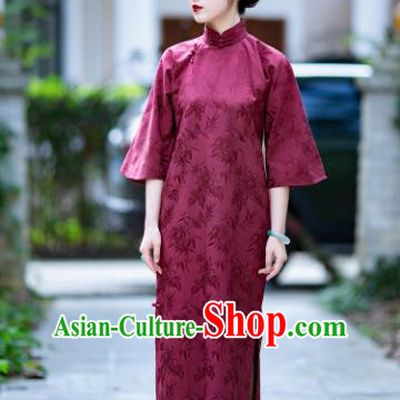 Traditional Chinese National Wine Red Brocade Qipao Dress Tang Suit Cheongsam Costume for Women