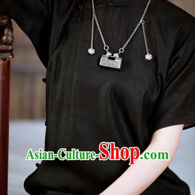 Traditional Chinese National Black Silk Qipao Dress Tang Suit Cheongsam Costume for Women