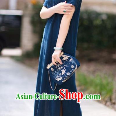 Traditional Chinese National Navy Blue Silk Qipao Dress Tang Suit Cheongsam Costume for Women