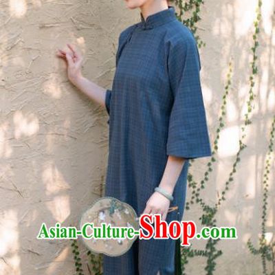 Traditional Chinese National Deep Blue Qipao Dress Tang Suit Cheongsam Costume for Women