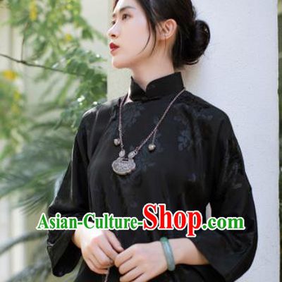 Chinese Traditional Tang Suit Black Blouse National Costume Republic of China Qipao Upper Outer Garment for Women