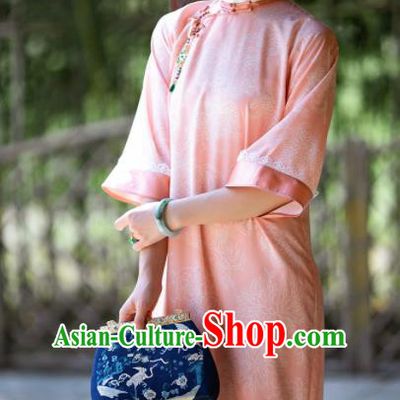 Traditional Chinese National Pink Silk Qipao Dress Tang Suit Cheongsam Costume for Women