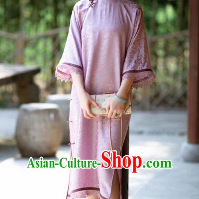 Traditional Chinese National Lilac Lace Qipao Dress Tang Suit Cheongsam Costume for Women