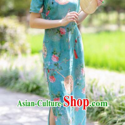 Traditional Chinese National Printing Plum Green Flax Qipao Dress Tang Suit Cheongsam Costume for Women