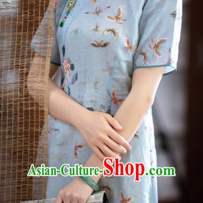 Traditional Chinese National Printing Butterfly Light Blue Flax Qipao Dress Tang Suit Cheongsam Costume for Women