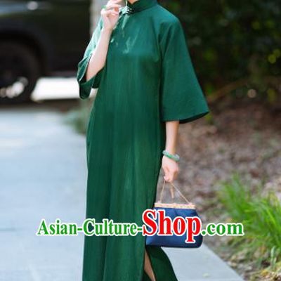 Traditional Chinese National Green Silk Qipao Dress Tang Suit Cheongsam Costume for Women