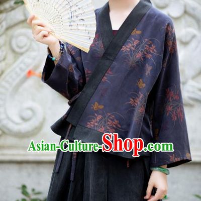 Chinese Traditional Tang Suit Printing Navy Silk Blouse National Costume Republic of China Qipao Upper Outer Garment for Women