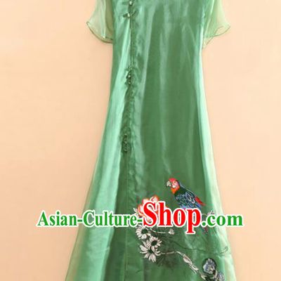 Traditional Chinese National Embroidered Magpie Green Qipao Dress Tang Suit Cheongsam Costume for Women