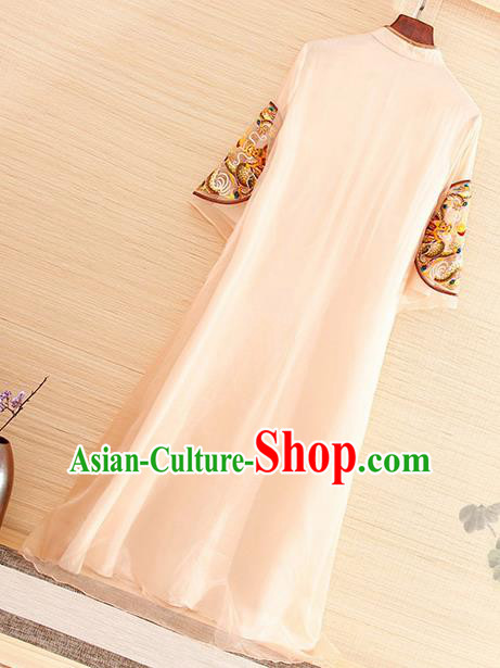 Traditional Chinese National Embroidered Dragon Apricot Organza Qipao Dress Tang Suit Cheongsam Costume for Women Traditional Chinese National Embroidered Dragon Apricot Organza Qipao Dress Tang Suit Cheongsam Costume for Women