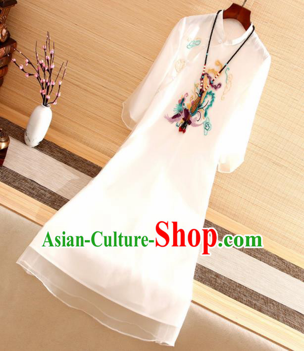 Traditional Chinese National Embroidered Phoenix White Qipao Dress Tang Suit Cheongsam Costume for Women Traditional Chinese National Embroidered Phoenix White Qipao Dress Tang Suit Cheongsam Costume for Women