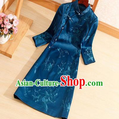 Traditional Chinese National Embroidered Peacock Blue Qipao Dress Tang Suit Cheongsam Costume for Women